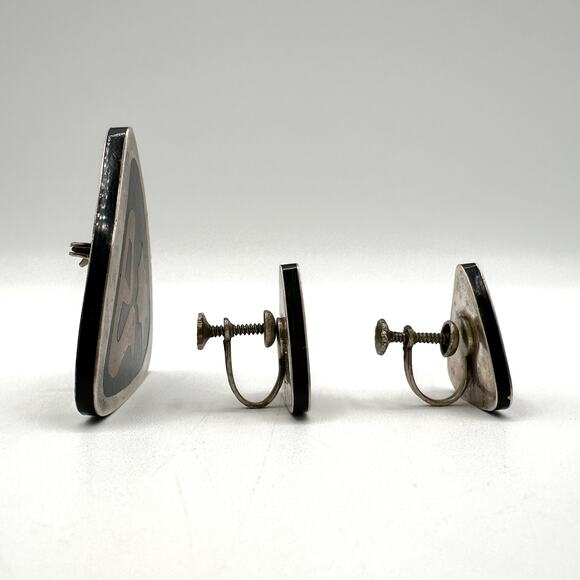 Vintage Mexican Modernist Sterling Silver Brooch & Earrings Set 925 - Picture 10 of 13